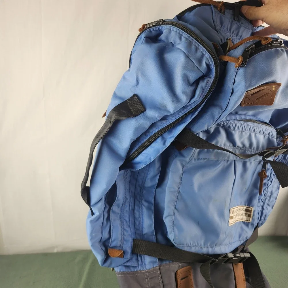 Vtg WILDERNESS EXPERIENCE Blue Canvas Leather Backpack Internal Frame USA